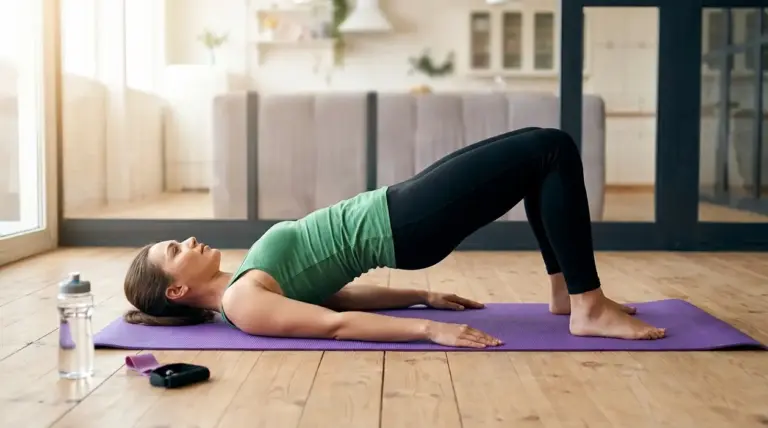 Donna esegue un ponte glutei su tappetino yoga a casa, esercizio per tonificare gambe e glutei