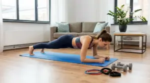 Persona che esegue il plank su tappetino in salotto durante un allenamento a casa