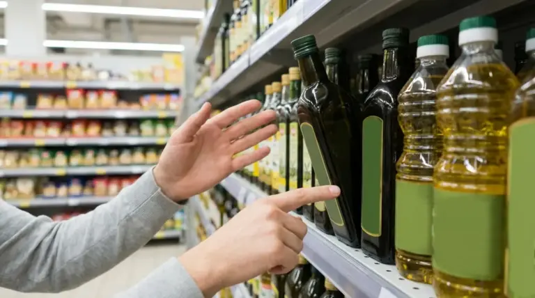 Persona che confronta bottiglie di olio di oliva sullo scaffale di un supermercato