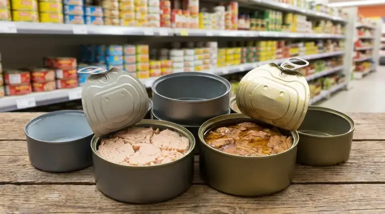 Scatolette di tonno aperte su un tavolo, con scaffali di supermercato sullo sfondo