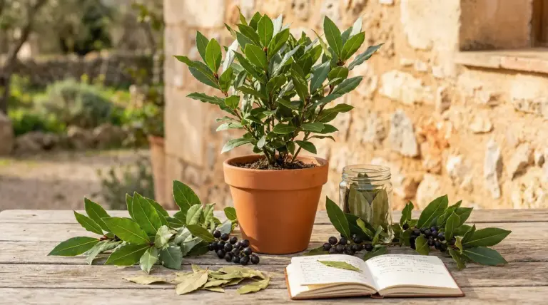 Pianta di alloro in vaso su tavolo di legno, con foglie e bacche accanto a un quaderno aperto