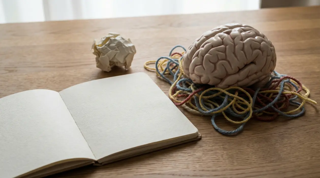 Cervello su fili intrecciati accanto a un quaderno aperto su un tavolo, simbolo di difficoltà nel comprendere le emozioni