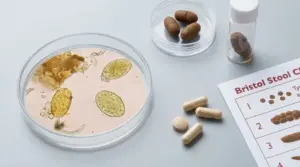 Campione di feci in contenitori da laboratorio con analisi al microscopio e scala di Bristol su tavolo bianco