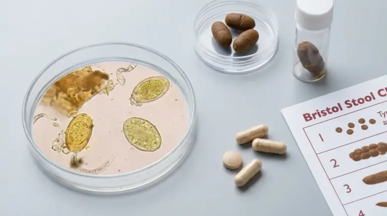 Campione di feci in contenitori da laboratorio con analisi al microscopio e scala di Bristol su tavolo bianco