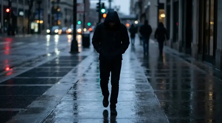 Persona con cappuccio che cammina da sola su un marciapiede bagnato in città, evocando ansia e tensione