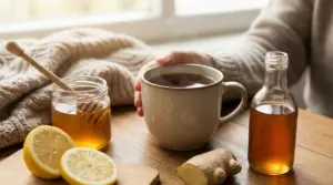 Tisana calda con miele, limone e zenzero su un tavolo, con una mano che regge la tazza