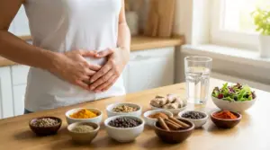 Persona con le mani sulla pancia accanto a spezie e alimenti naturali in cucina