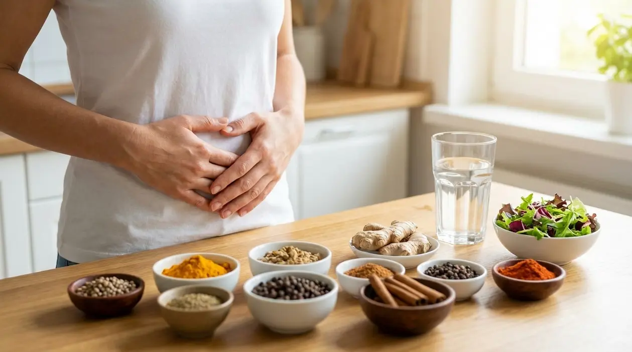 Persona con le mani sulla pancia accanto a spezie e alimenti naturali in cucina