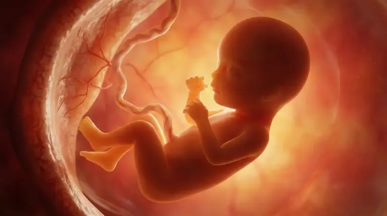 Feto nel grembo materno con cordone ombelicale, illuminato da luce calda all’interno dell’utero