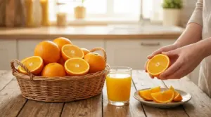 Cestino di arance, bicchiere di succo e persona che prepara spicchi di arancia a colazione in cucina