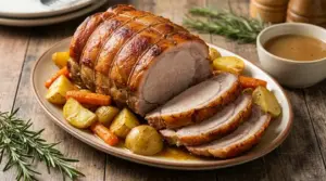 Arrosto di maiale affettato con patate, carote e salsa su un piatto rustico