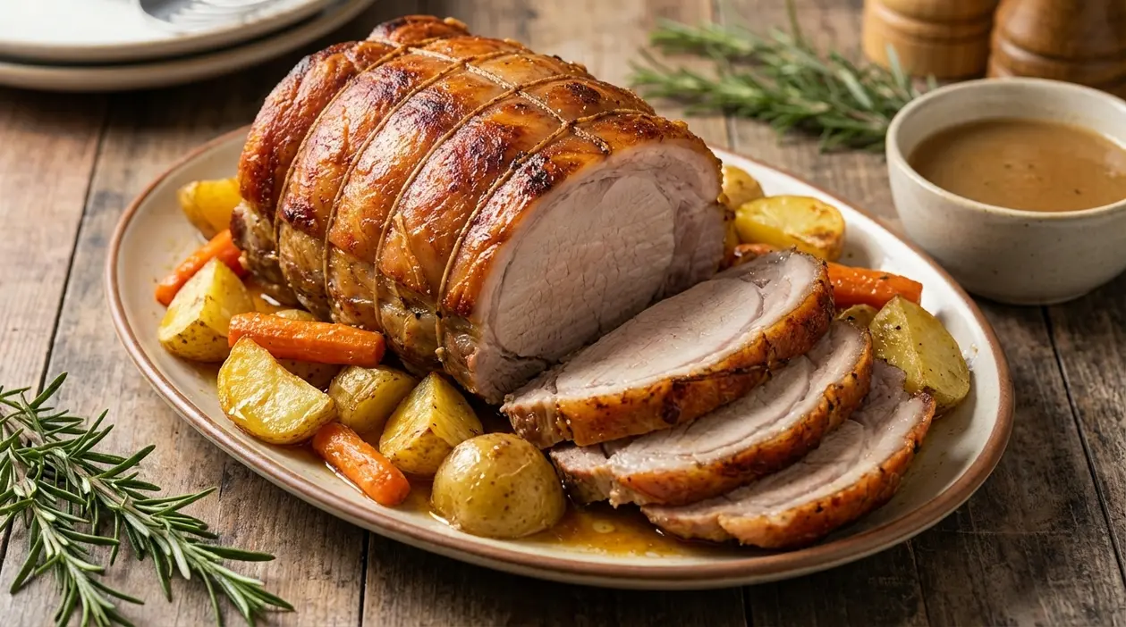 Arrosto di maiale affettato con patate, carote e salsa su un piatto rustico