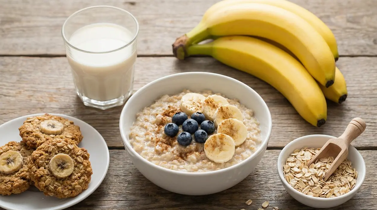 Ciotola di porridge d’avena con banana e mirtilli, accanto a banane, fiocchi d’avena e un bicchiere di latte