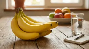 Grappolo di banane mature su un tavolo di legno, con frutta fresca e un bicchiere d’acqua sullo sfondo