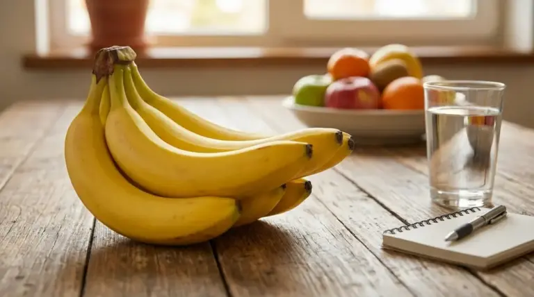 Grappolo di banane mature su un tavolo di legno, con frutta fresca e un bicchiere d’acqua sullo sfondo