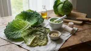 Foglie di cavolo, ciotole e bende su un tavolo, preparazione di un rimedio naturale per dolori articolari