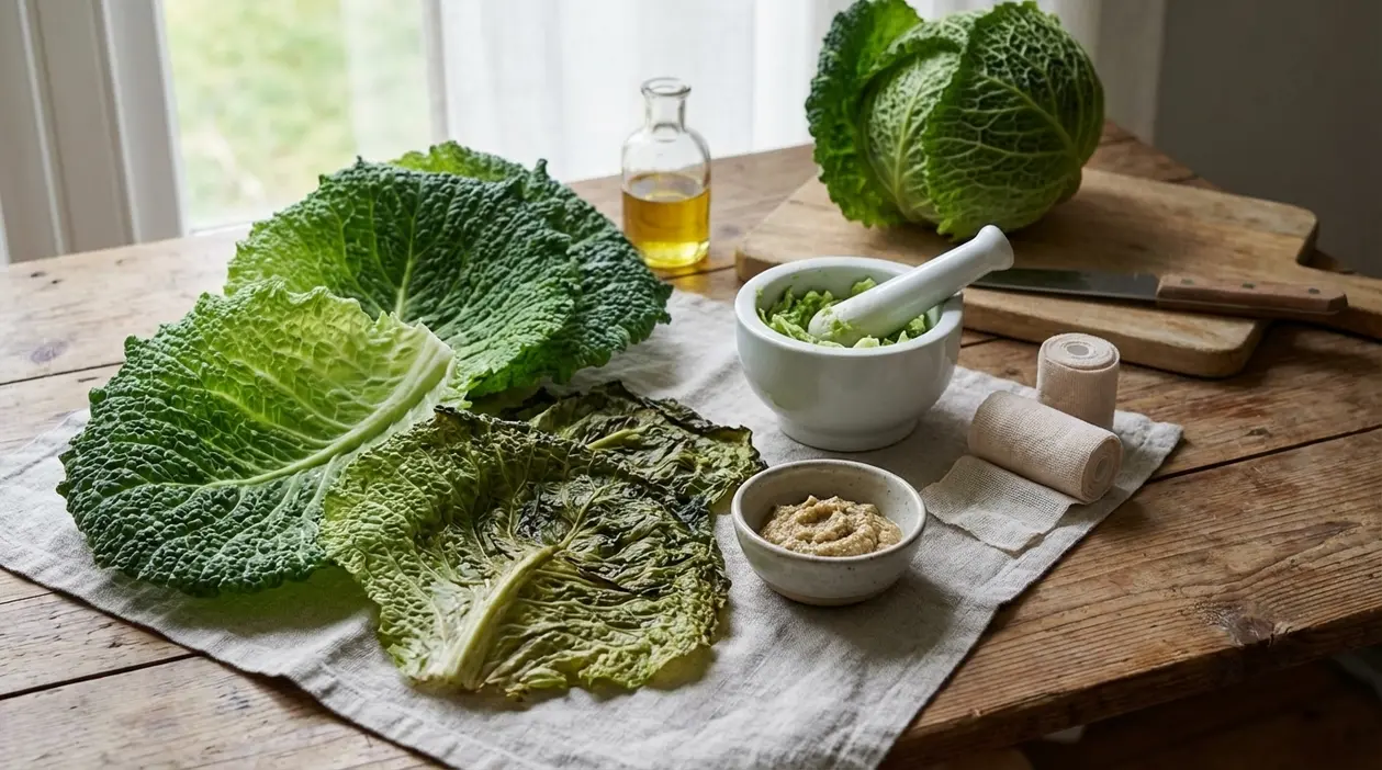Foglie di cavolo, ciotole e bende su un tavolo, preparazione di un rimedio naturale per dolori articolari