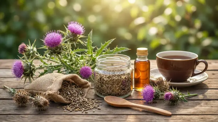 Semi e fiori di cardo mariano con infuso in tazza e flacone di estratto su tavolo di legno