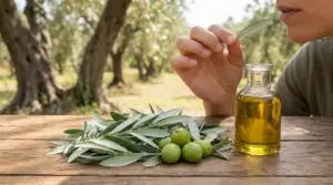 Persona che mastica una foglia di ulivo accanto a olio d’oliva, foglie e olive su un tavolo all’aperto