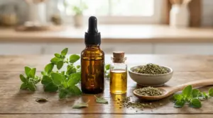 Boccette di olio essenziale di origano con foglie fresche e origano essiccato su un tavolo di legno