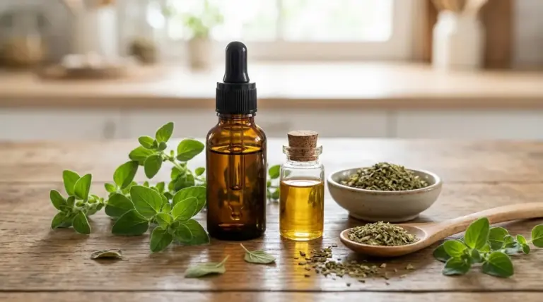 Boccette di olio essenziale di origano con foglie fresche e origano essiccato su un tavolo di legno