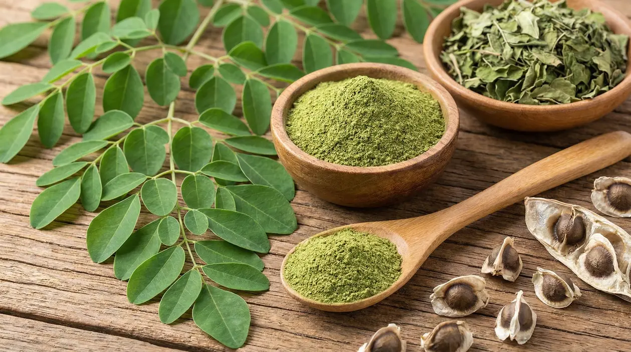 Foglie di moringa fresche con polvere e foglie essiccate in ciotole di legno su tavolo rustico