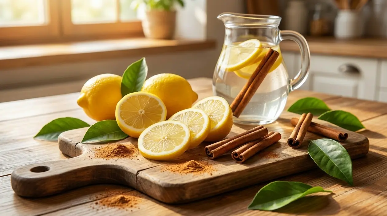 Limoni freschi e stecche di cannella su tagliere con caraffa d’acqua aromatizzata al limone in cucina