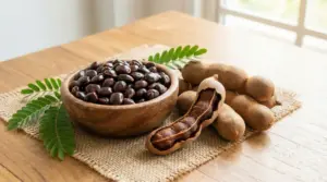 Semi di tamarindo in una ciotola con baccelli di tamarindo su tavolo di legno