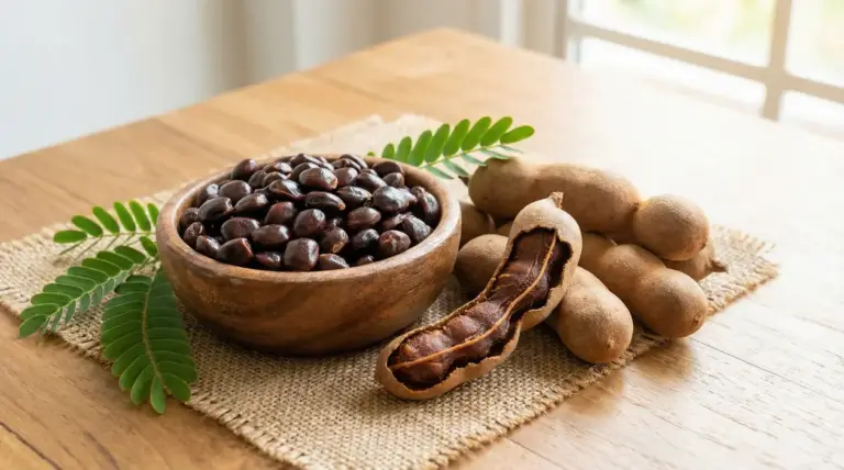 Semi di tamarindo in una ciotola con baccelli di tamarindo su tavolo di legno