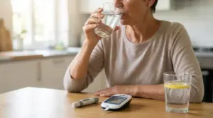 Persona che beve un bicchiere d’acqua accanto a un glucometro su un tavolo in cucina