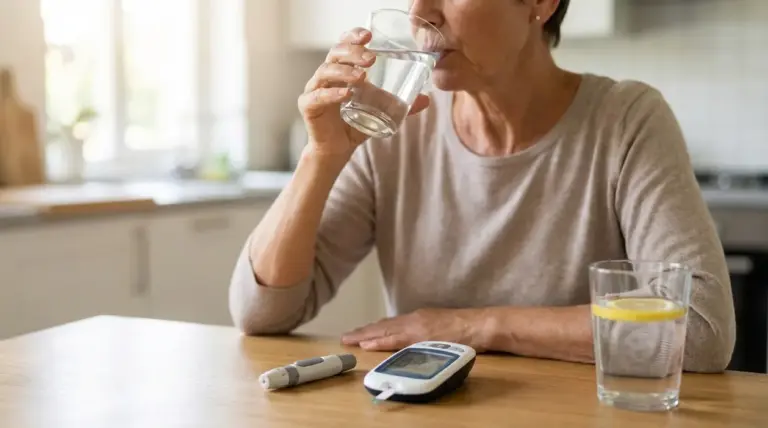 Persona che beve un bicchiere d’acqua accanto a un glucometro su un tavolo in cucina