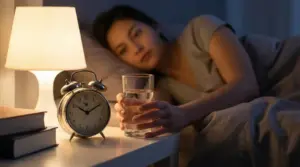 Persona a letto che prende un bicchiere d’acqua dal comodino accanto a una lampada e una sveglia