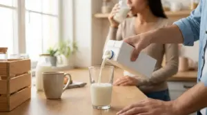 Persona versa il latte in un bicchiere in cucina mentre un’altra ne beve un bicchiere al mattino