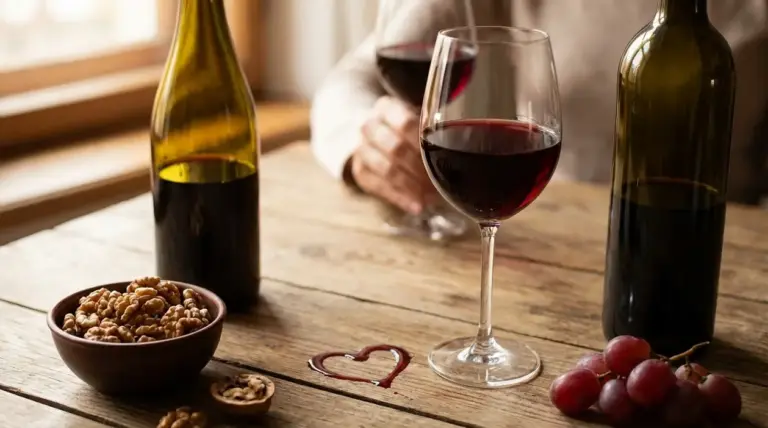 Calice di vino rosso con bottiglie, noci e uva su tavolo rustico, in un contesto di consumo moderato