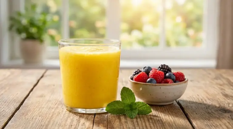Bicchiere di bevanda antiossidante gialla con frutti di bosco e menta su tavolo di legno al mattino