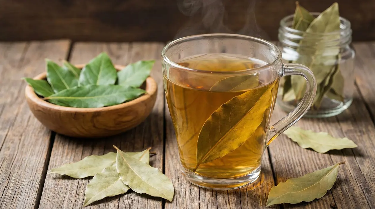 Tazza di bevanda calda all’alloro con foglie di alloro su un tavolo di legno