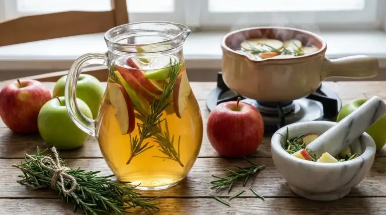 Caraffa con bevanda alla mela e rosmarino su tavolo rustico, con mele fresche e rametti aromatici