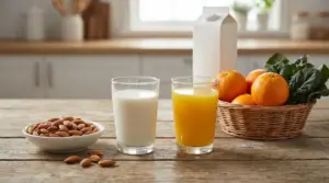 Bicchieri di latte e succo d’arancia con mandorle, arance e verdure su un tavolo in cucina