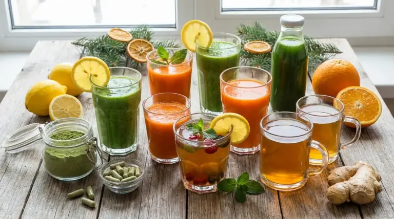 Bevande depurative con succhi verdi e agrumi, tisane e zenzero su tavolo di legno