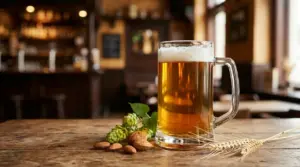 Boccale di birra chiara su tavolo in legno con luppolo e spighe, in un pub dall’atmosfera calda
