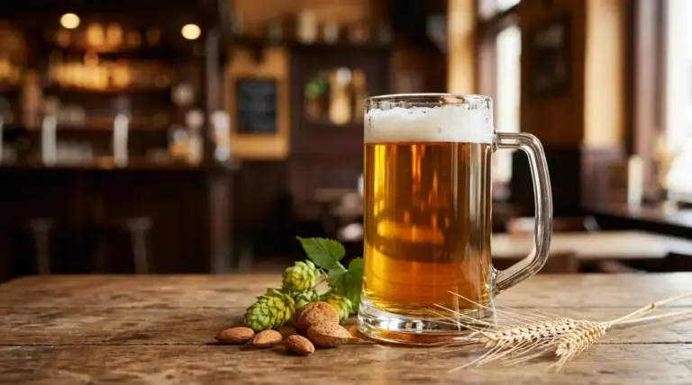Boccale di birra chiara su tavolo in legno con luppolo e spighe, in un pub dall’atmosfera calda