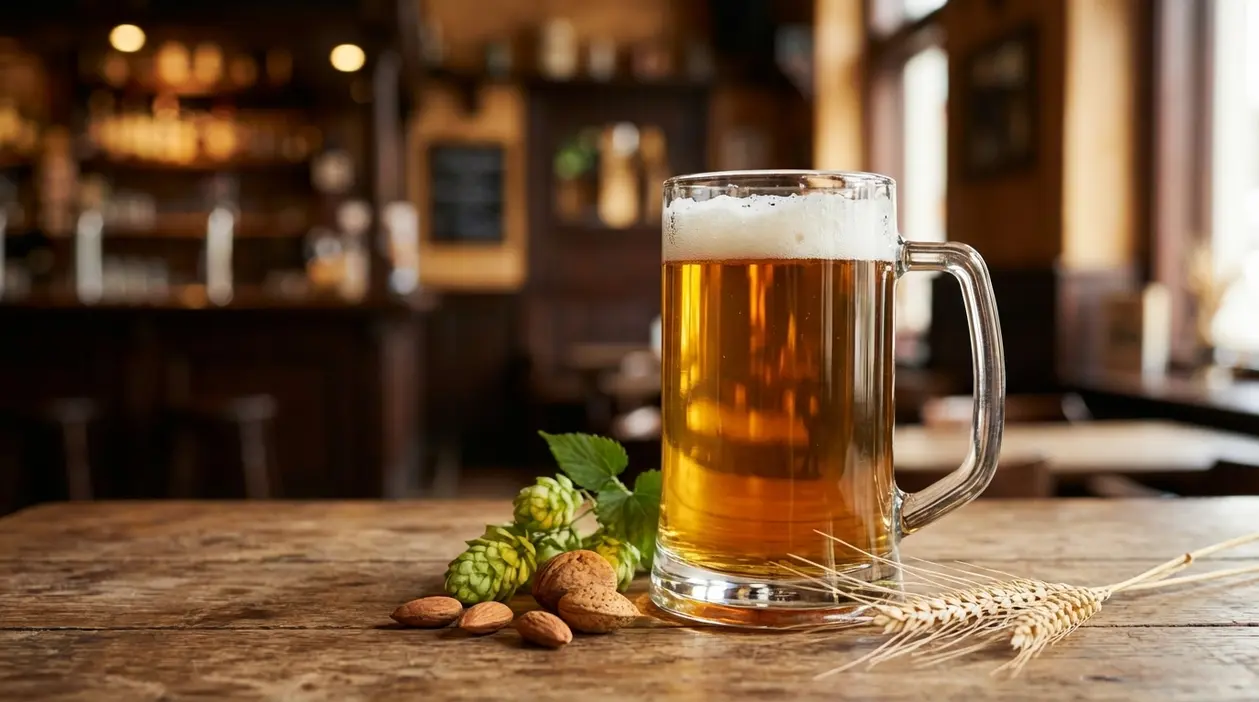 Boccale di birra chiara su tavolo in legno con luppolo e spighe, in un pub dall’atmosfera calda