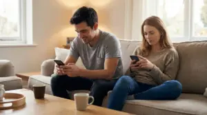 Coppia seduta sul divano che guarda lo smartphone, comunicazione distaccata e flirt inconcludente