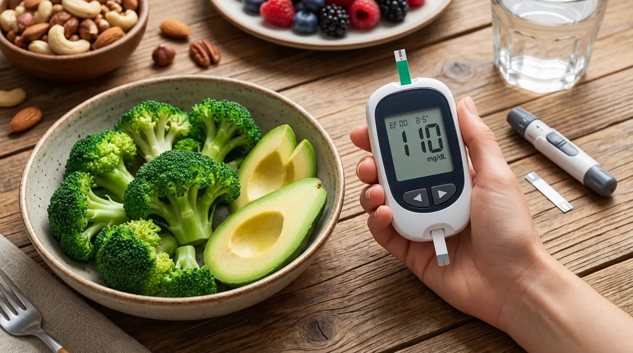 Ciotola con broccoli e avocado accanto a un glucometro, immagine legata al controllo della glicemia