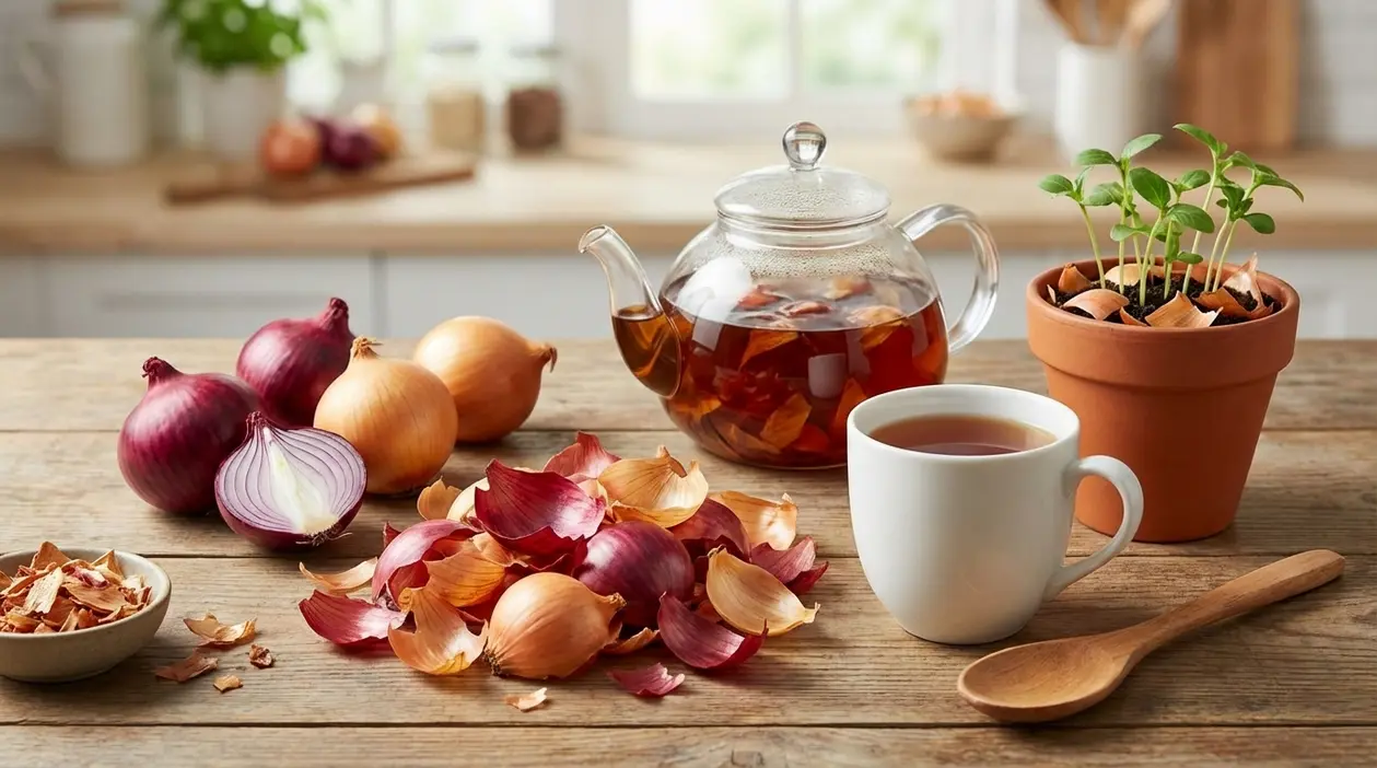 Bucce di cipolla e cipolle intere su un tavolo, con teiera e tazza di infuso in cucina