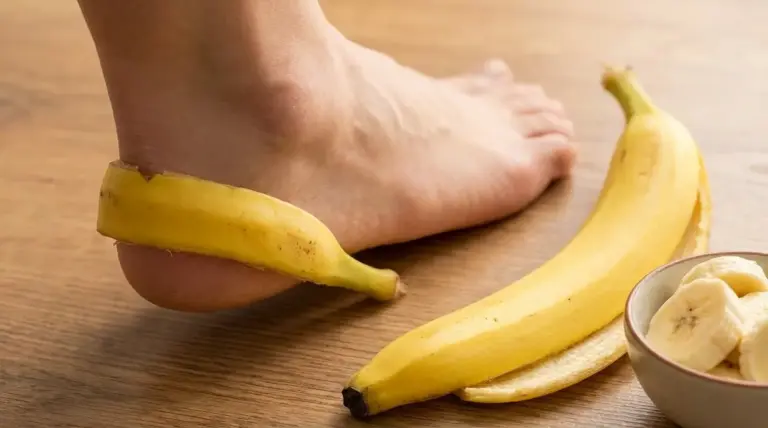 Tallone di una persona a contatto con una buccia di banana, usata come rimedio naturale per i piedi