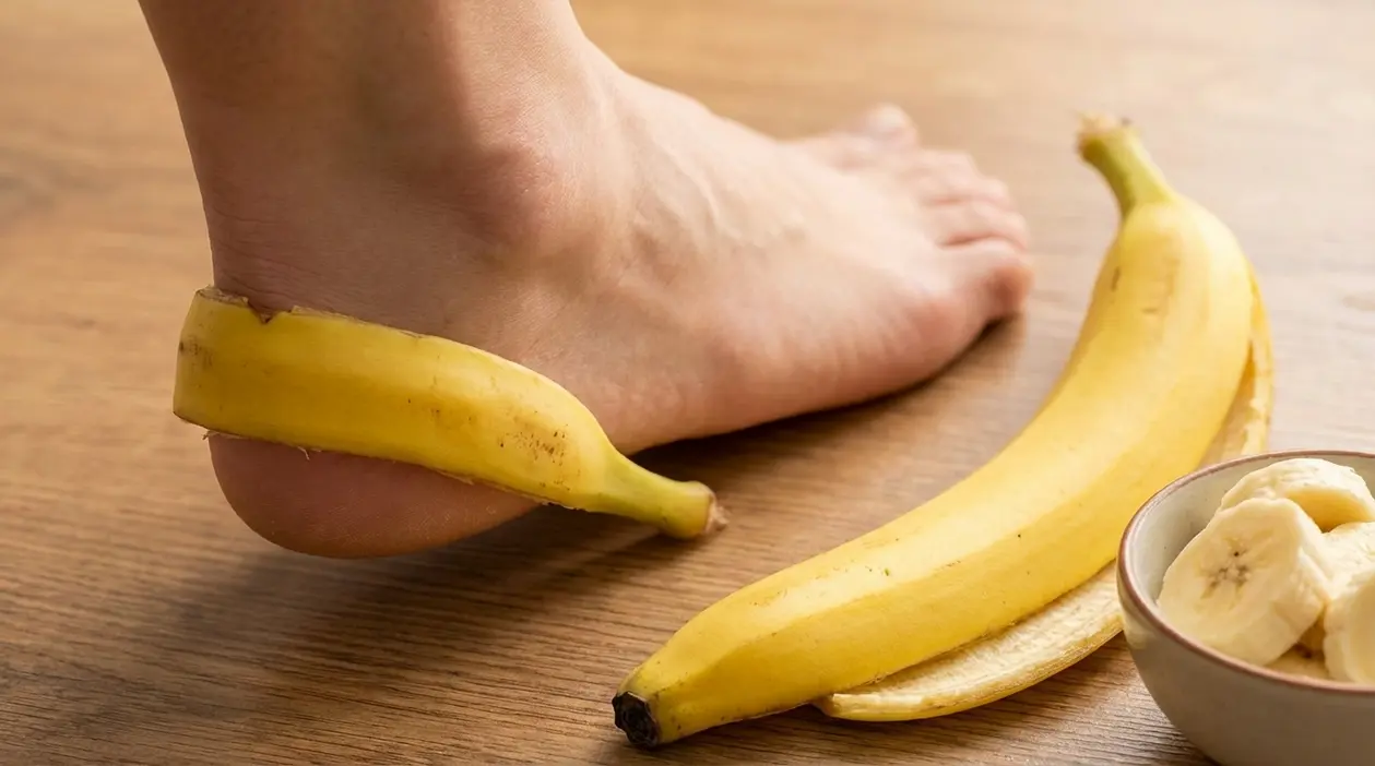 Tallone di una persona a contatto con una buccia di banana, usata come rimedio naturale per i piedi