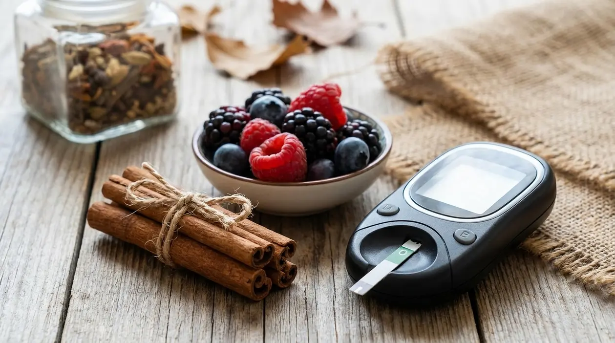 Stecche di cannella, frutti di bosco e glucometro su un tavolo, tema glicemia e alimentazione