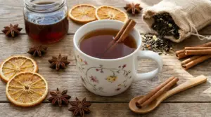 Tazza di infuso con stecche di cannella, arancia essiccata e spezie su tavolo rustico