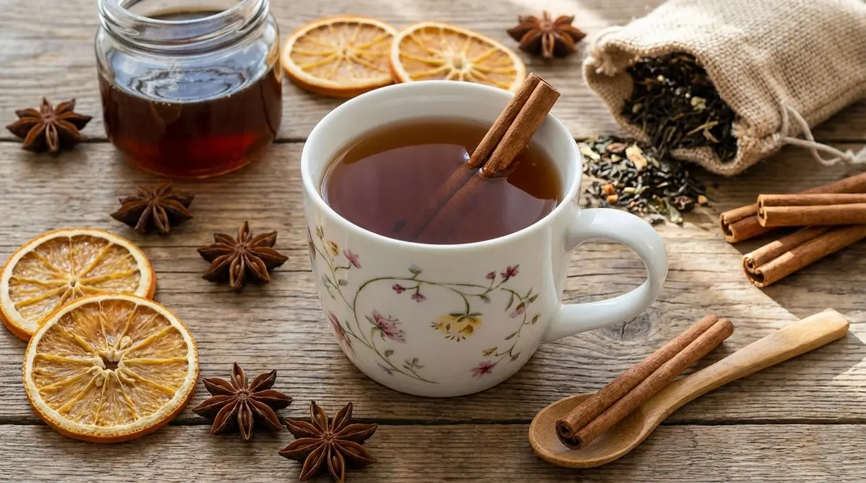 Tazza di infuso con stecche di cannella, arancia essiccata e spezie su tavolo rustico